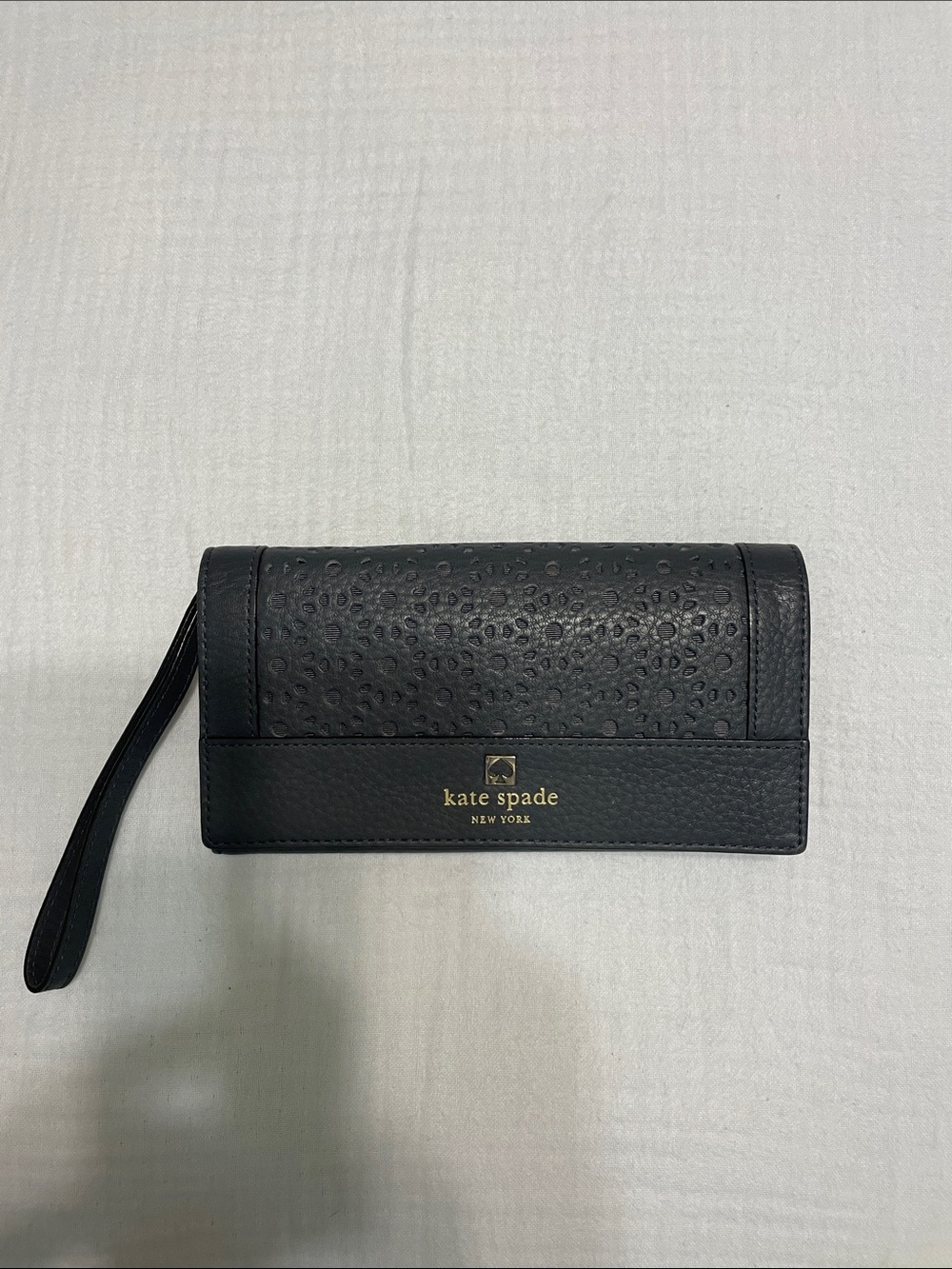 kate spade Black Textured Leather Wristlet Clutch with Gold Logo